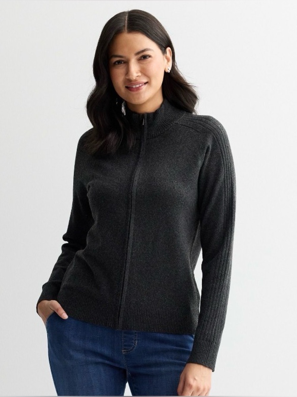 croft & barrow Women's Charcoal Mock-Neck Full-Zip Sweater